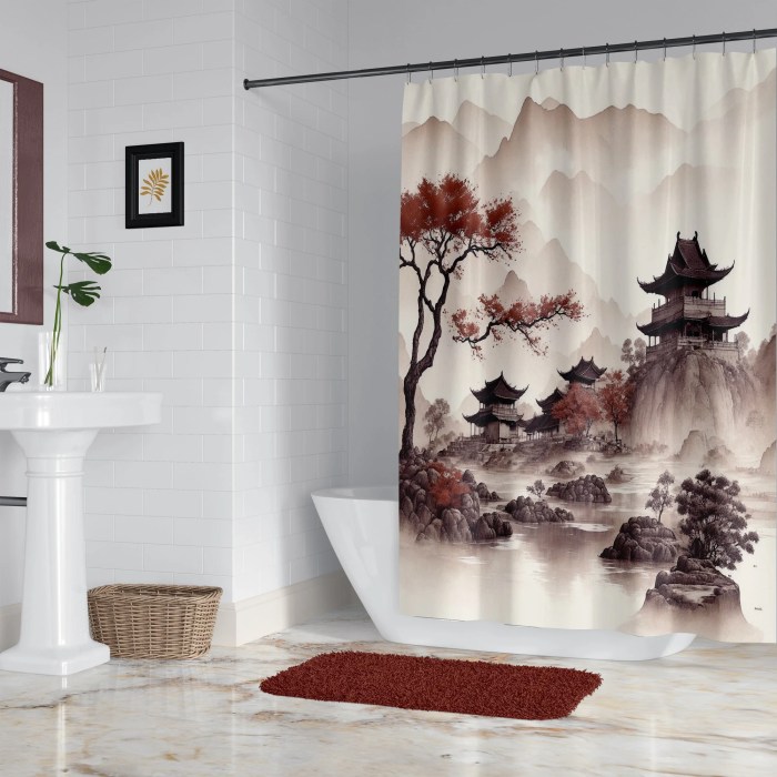 Japanese Shower Curtain, Traditional Watercolor Landscape in Neutral Colors With Optional ... Japanese Shower Curtain, Traditional Watercolor Landscape in Neutral Colors With Optional ...